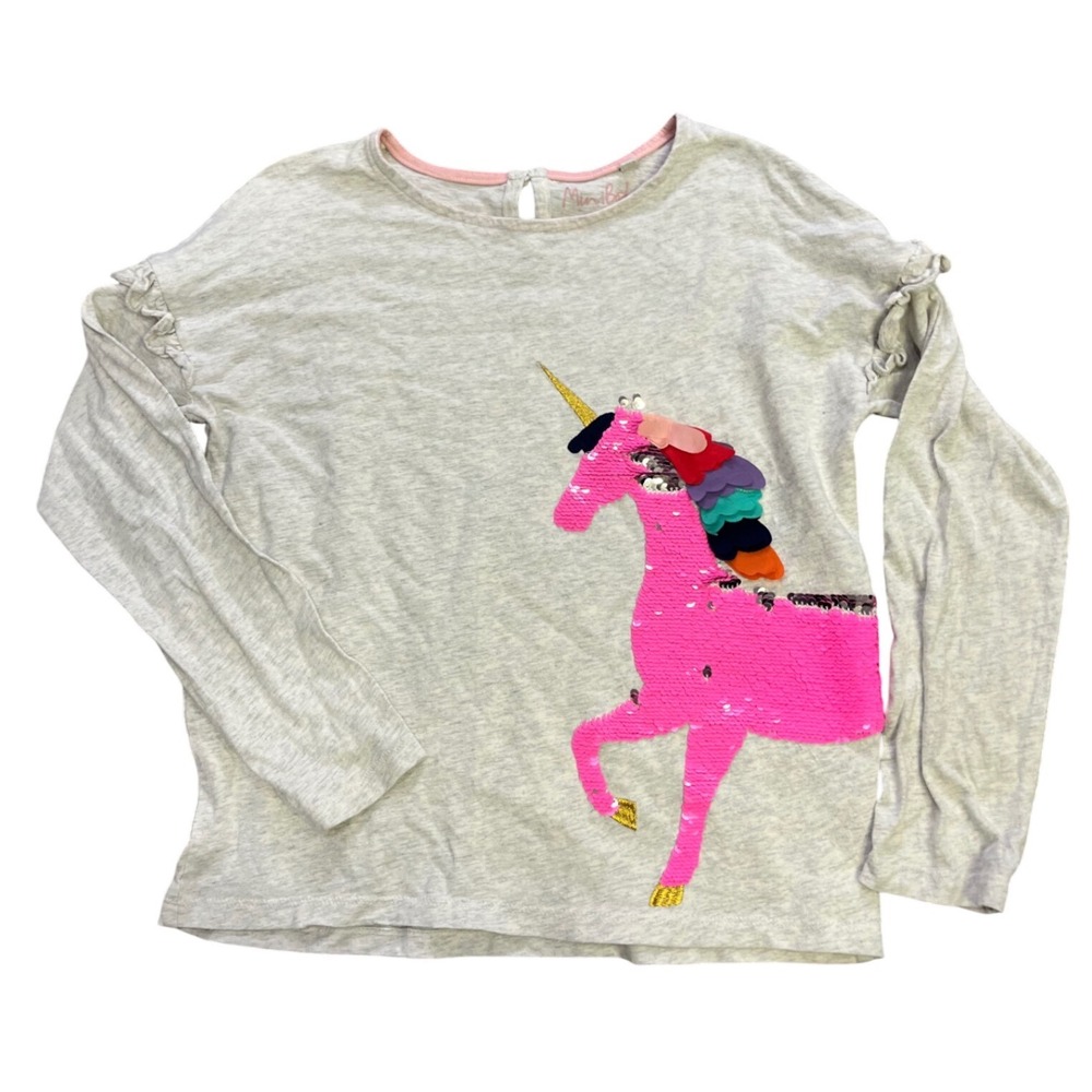 Mini Boden Girls Light Gray Long Sleeve Unicorn Sequin‎ T Shirt Size 9-10Y